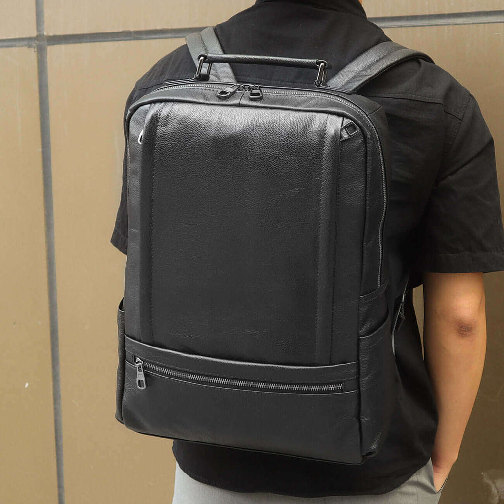 Black 17-Inch Laptop Leather Backpack for Men