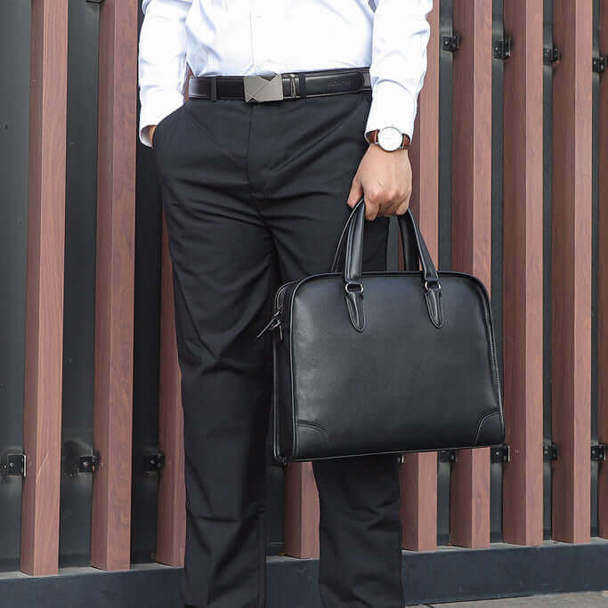 Men's Black Leather Minimalist Work Briefcase - Sleek & Functional