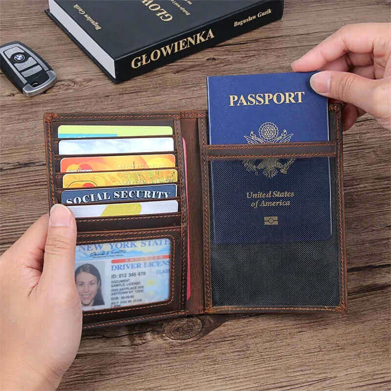 Brown crazy horse leather passport wallet with RFID protection.