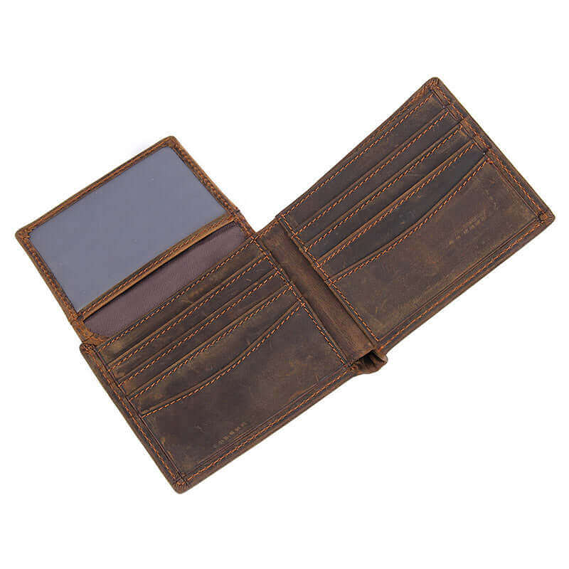 Open view of men's bifold leather wallet