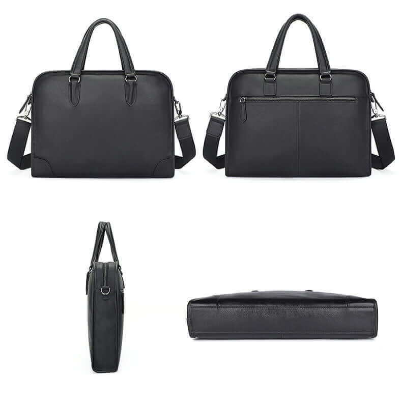 Black leather laptop bag in all directions