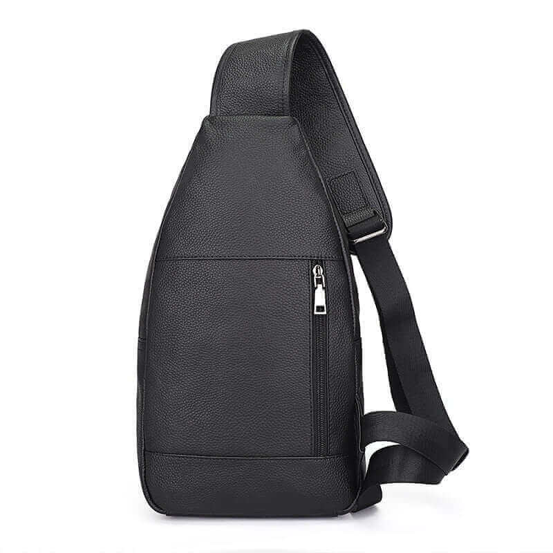 Back view of the genuine leather sling bag in black, perfect for everyday use.