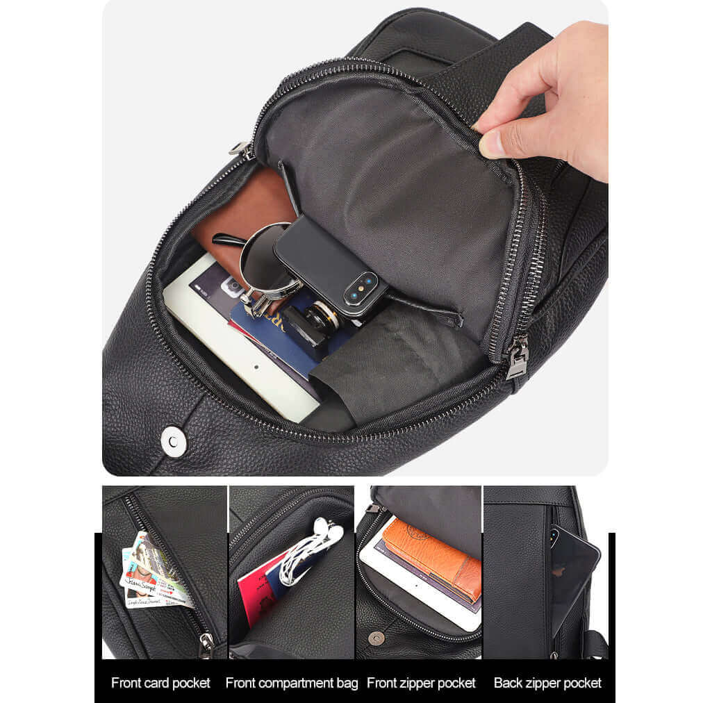 Open view of the men's leather sling bag.