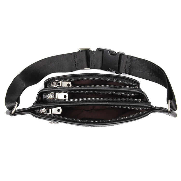 Spacious multi-layered design of a black leather waist bag.