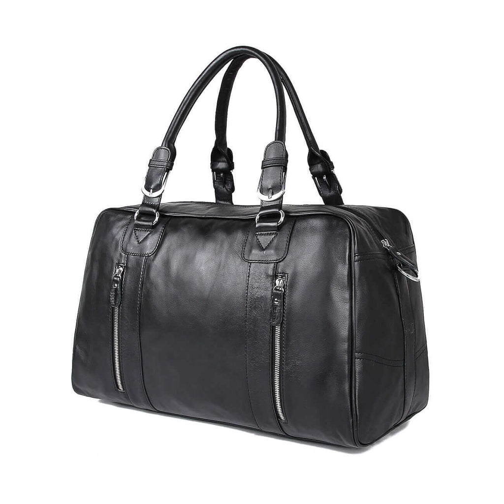 Premium black leather duffle bag for travel and business in New Zealand.