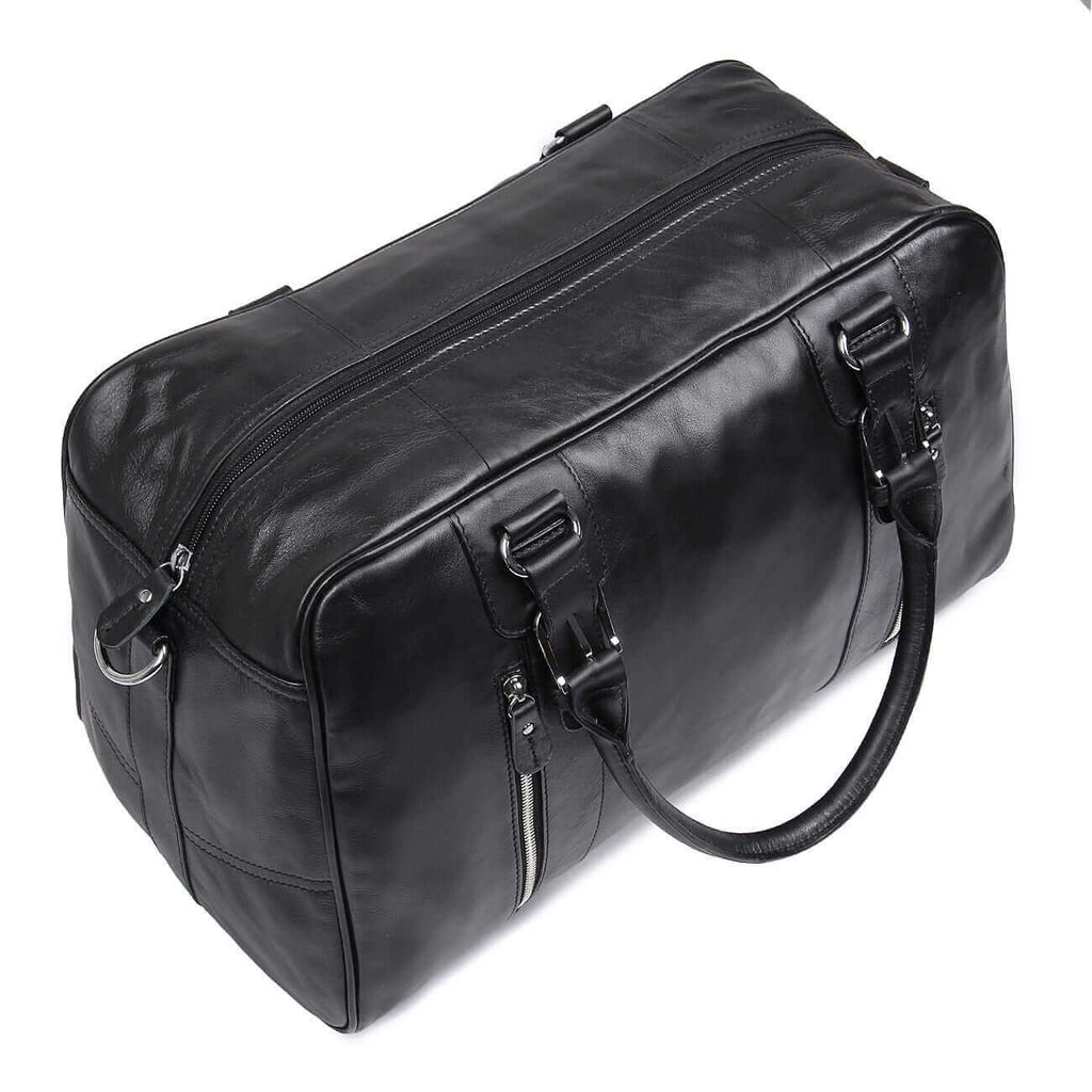 Top view of black leather duffle bag