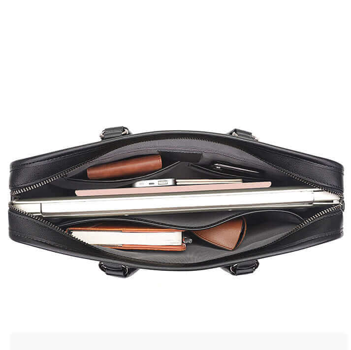 Interior of a black leather laptop bag