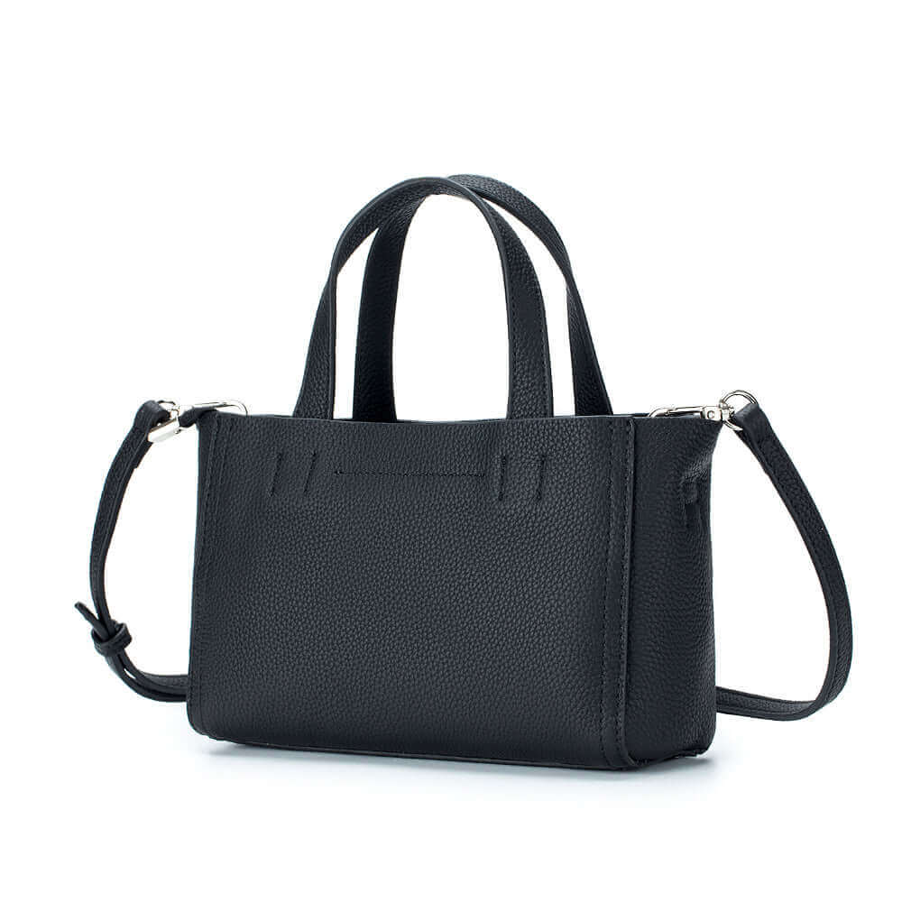 Black leather mini handbag with multiple pockets, ideal for everyday use.