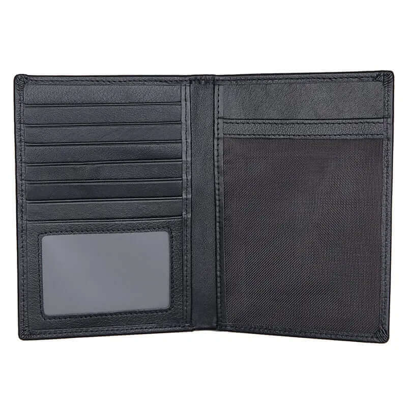 Black leather passport wallet with RFID blocking technology for secure travel.