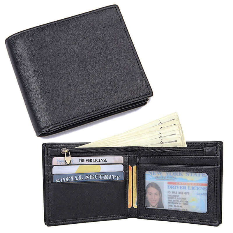 Front view of a stylish black leather RFID bifold wallet with card slots.