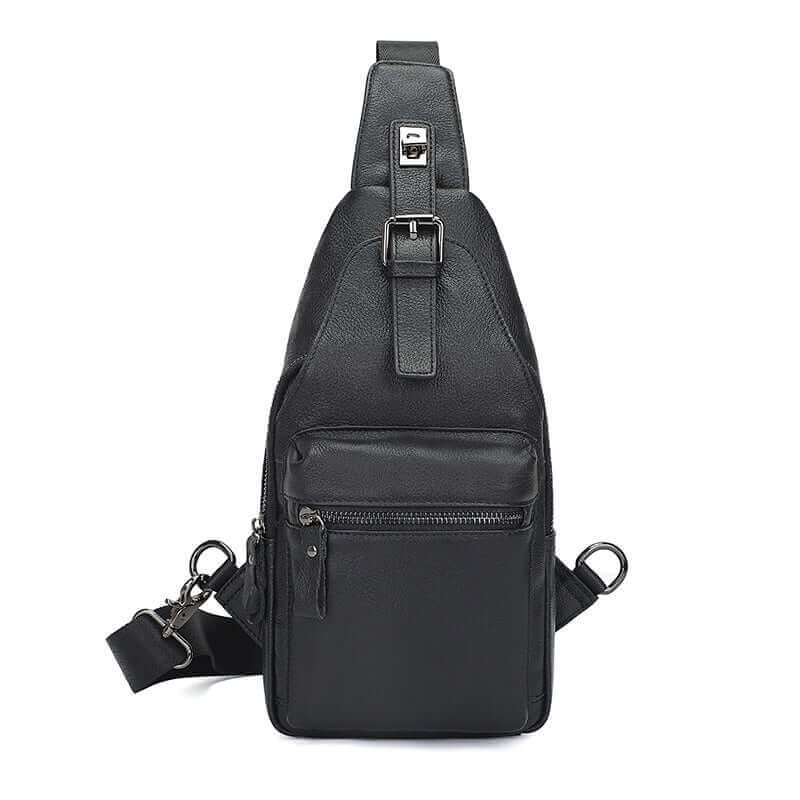 Black leather crossbody sling bag front view