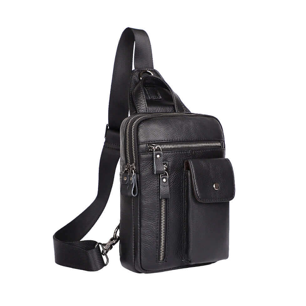 Front view of black leather sling bag for men.