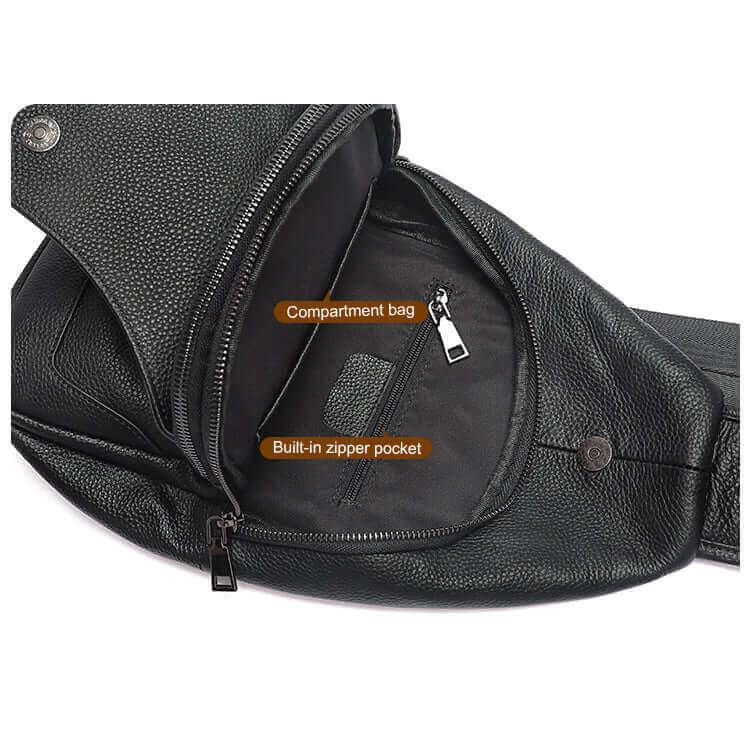 Open view of the men's leather crossbody sling bag.