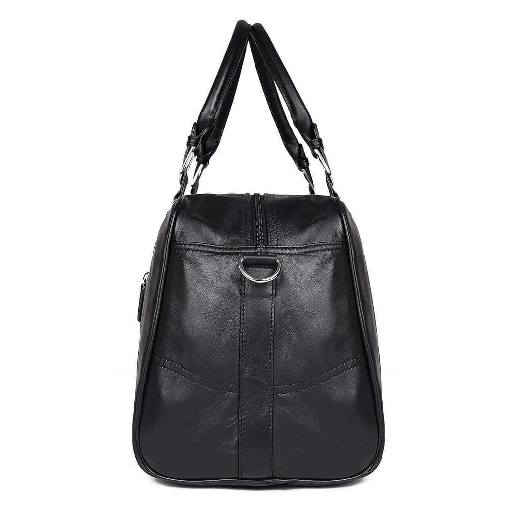 Side view of black leather duffle bag