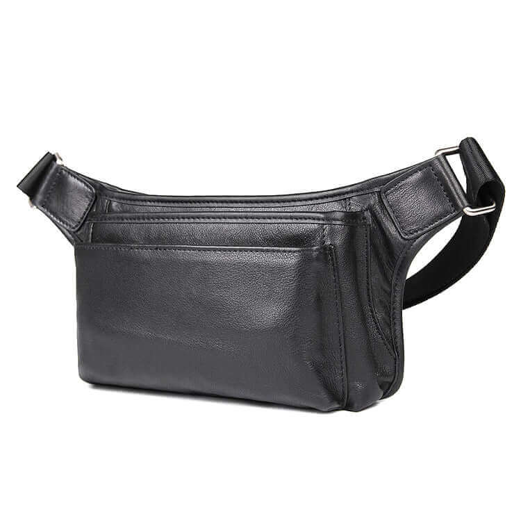 Front view of a black leather waist bag with a sleek design for men and women.