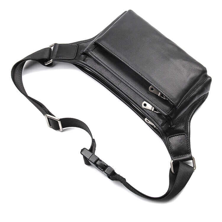 Versatile black leather bag that can be worn as a waist bag or crossbody bag.