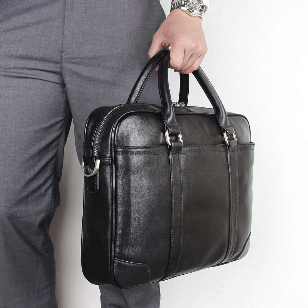 Side view of Men's Black Leather Work Briefcase for laptops.