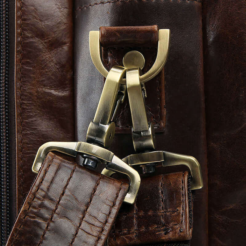 Brown leather laptop bag details