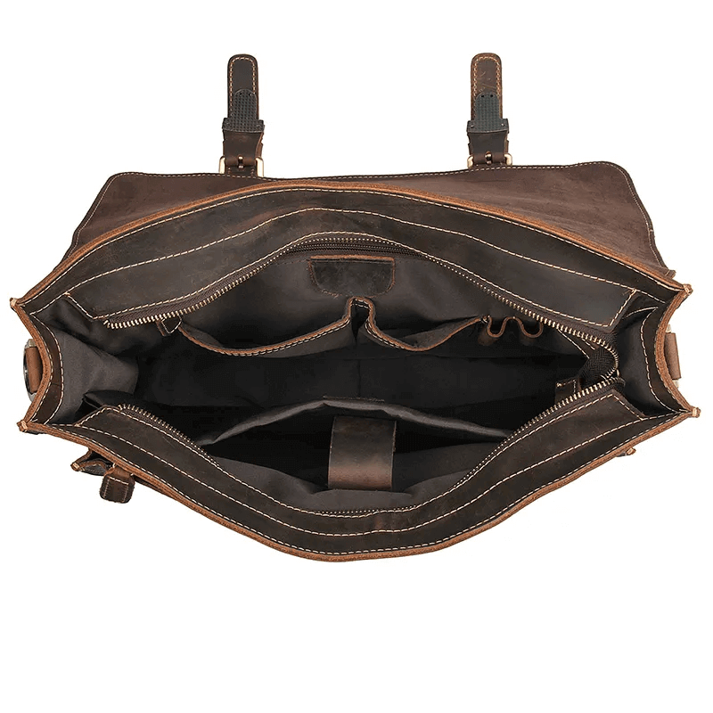 The interior of a leather laptop messenger bag.