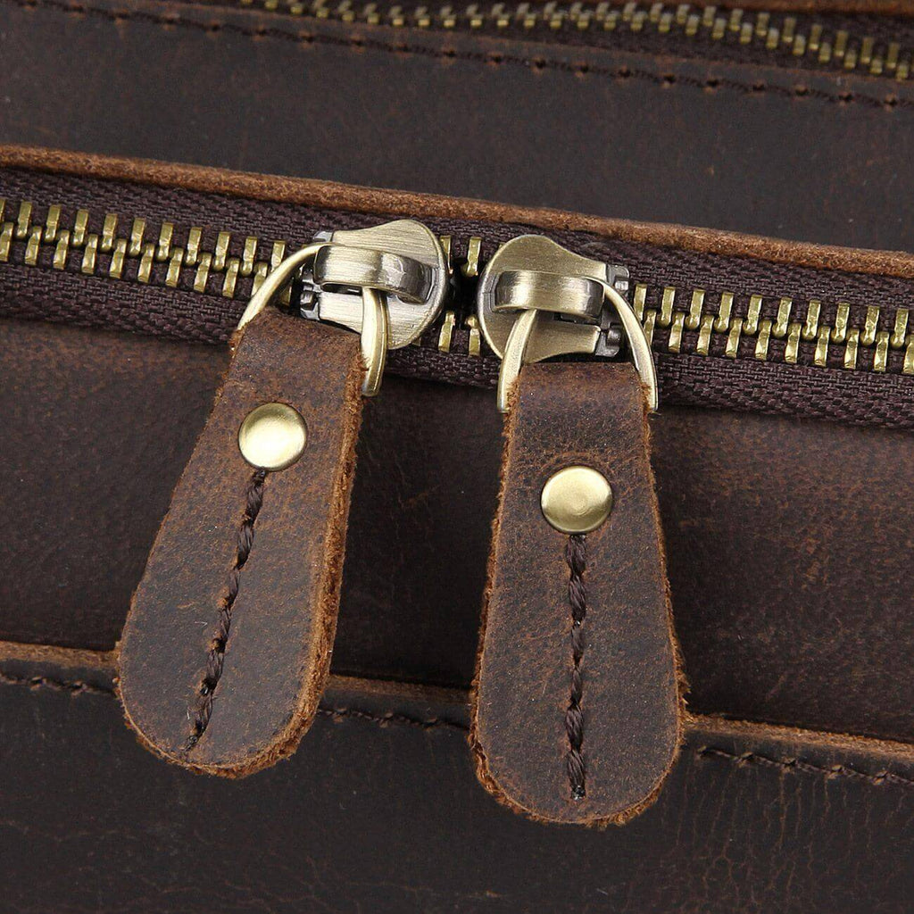Detailed display of the brown leather briefcase.