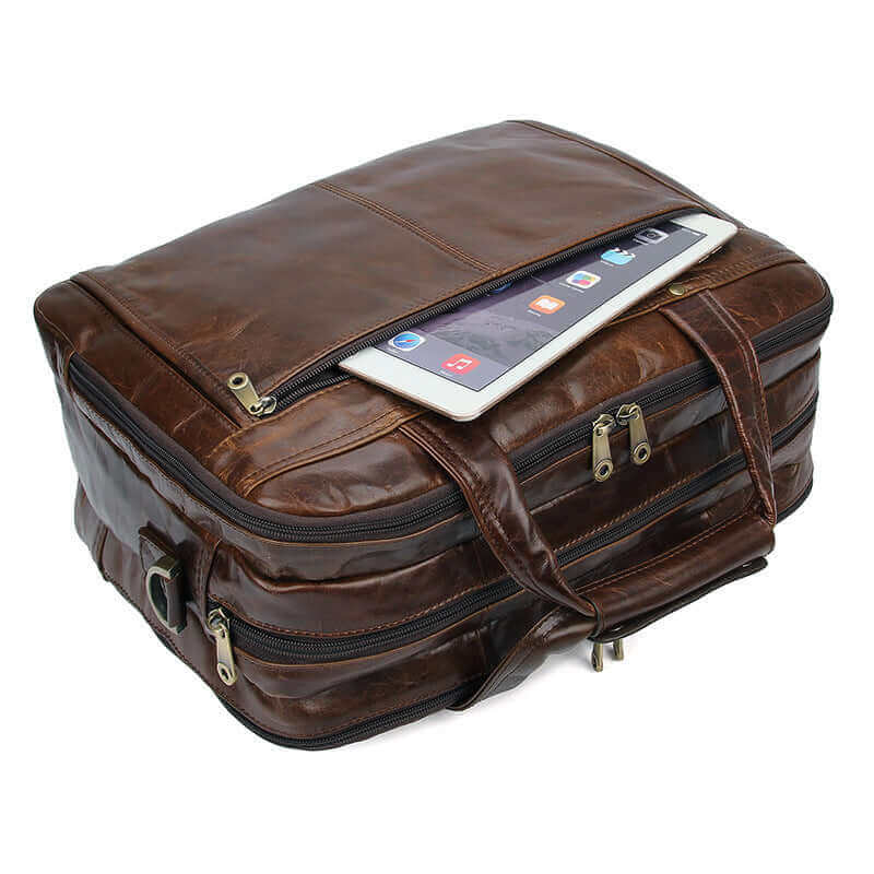 Men's brown genuine leather laptop bag details