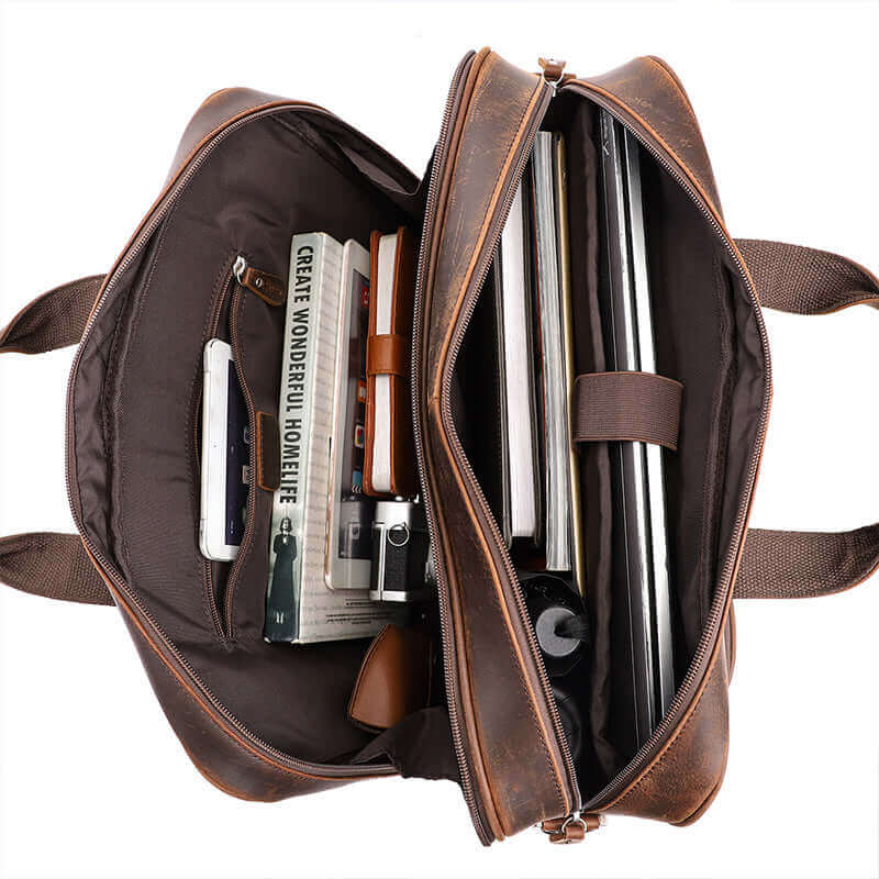 The interior of a  brown genuine leather laptop bag