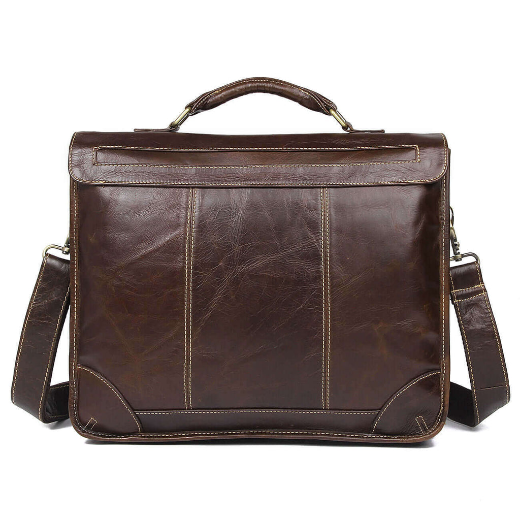 Back view of the brown leather briefcase.