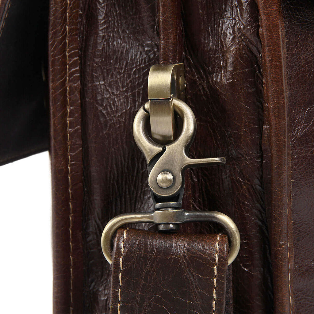 Detailed display of the brown genuine leather laptop bag.