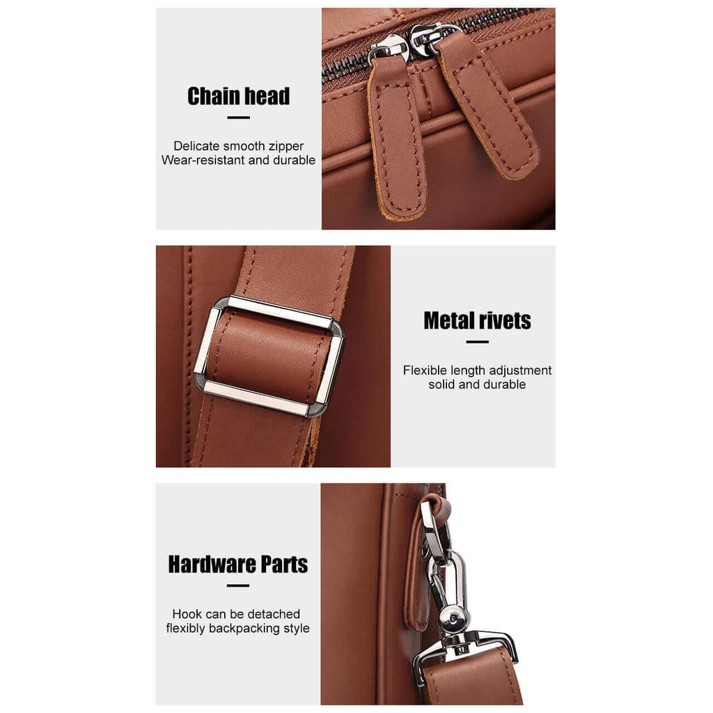 Details of the brown leather laptop work bag