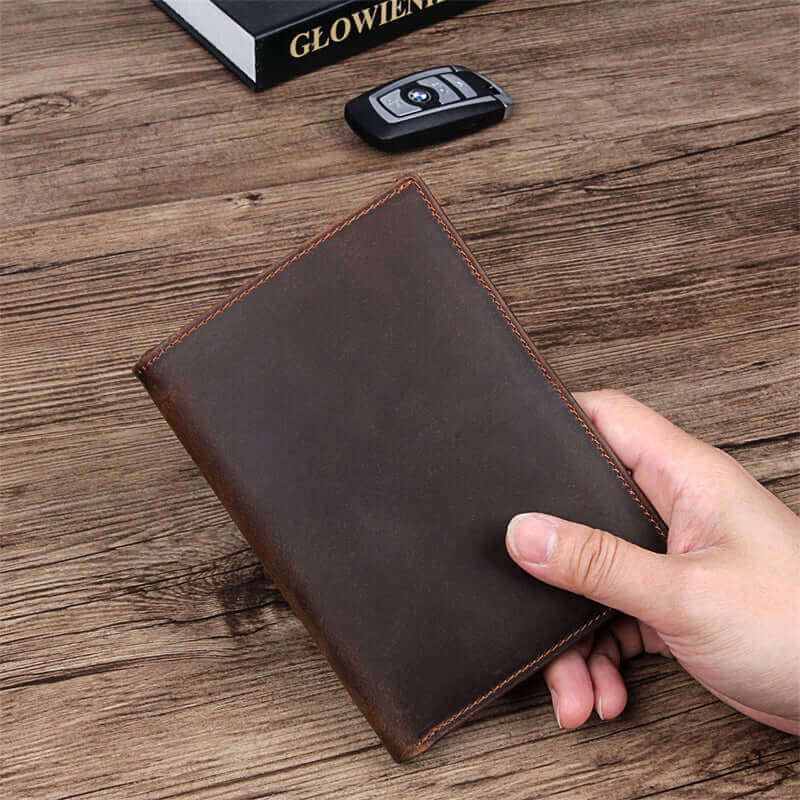 Brown leather passport holder with crazy horse effect and RFID security.