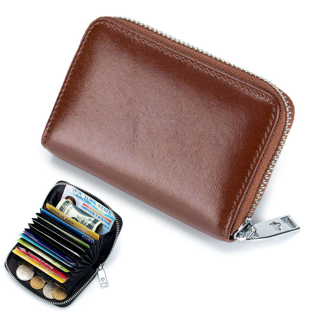 Brown men's RFID leather card holder with a transparent ID window