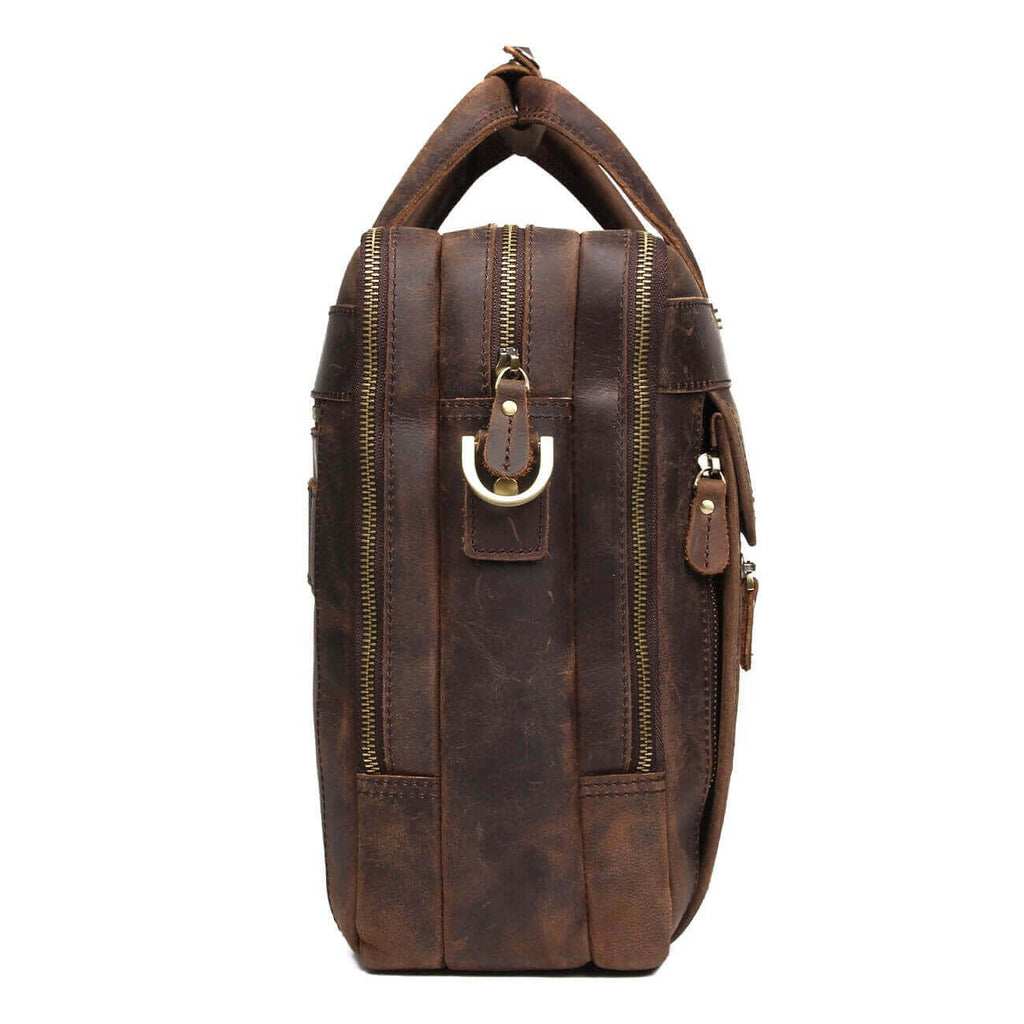 Side view of the vintage genuine leather briefcase 15.6 inch laptop bag.