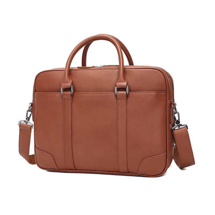Front view of the vintage style leather double zip business bag.