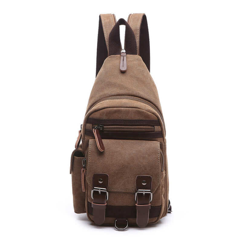 Canvas backpack sling with zippered straps for versatile carrying options.