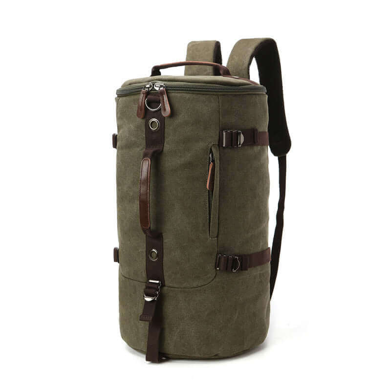 Canvas barrel backpack with top zipper for easy access and multiple carrying options.