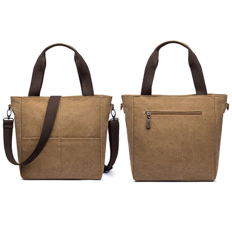 Front and back view of the women's canvas shoulder bag.