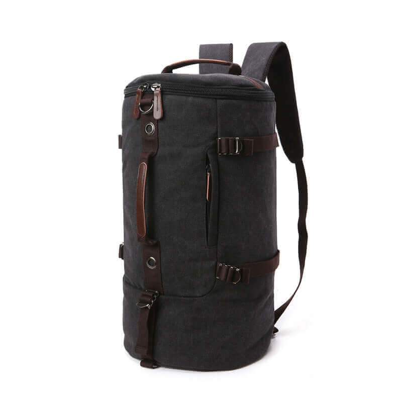 Canvas travel backpack with zippered compartments, ideal for quick getaways.