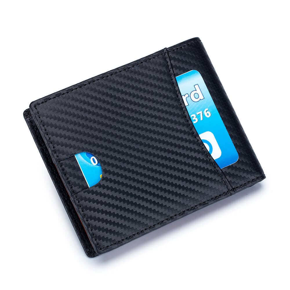 Back view of the men's carbon fiber RFID leather wallet.