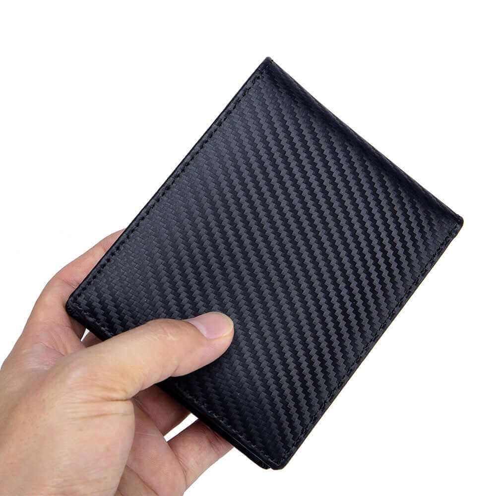 Front view of the closed Carbon Fiber RFID Men's Short Wallet.