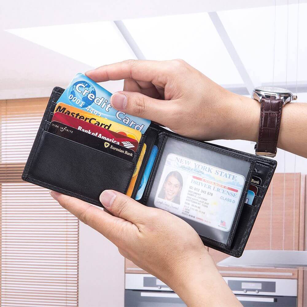 Open display of the Carbon Fiber RFID Men's Short Wallet with cards and cash.