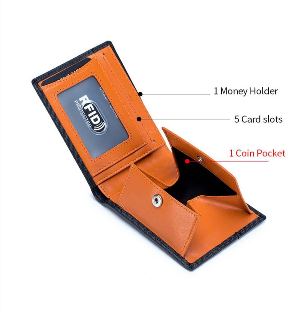 The interior of the men's carbon fiber RFID wallet showing the card slots, money holder, and coin pocket.