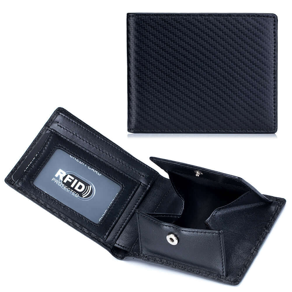 The coin pocket of the carbon fiber RFID wallet filled with coins.