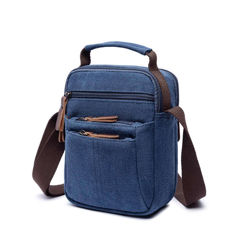 Casual canvas bag with multiple compartments, offering practical storage for essentials.