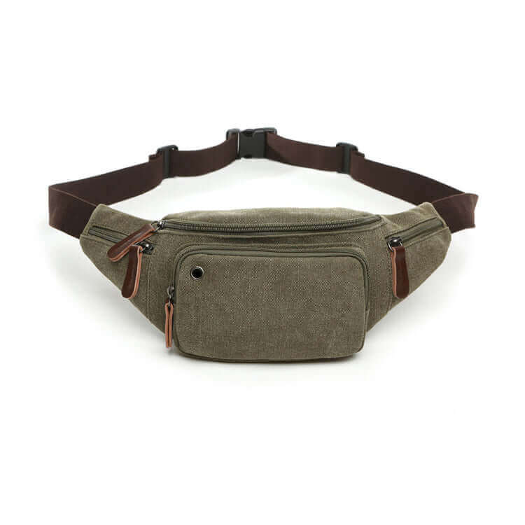 Casual men's canvas bum bag with zipper closure and adjustable strap.