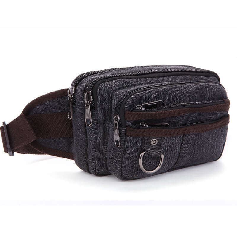 Casual men's brown canvas waist bag, ideal for hands-free convenience during outings.