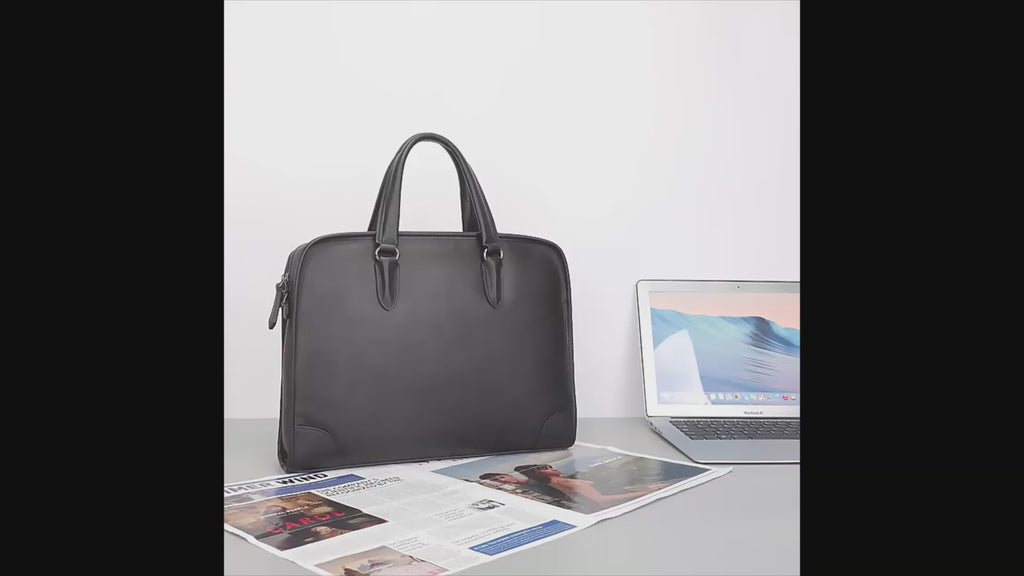 Men's Black Leather Minimalist Work Briefcase - Sleek & Functional