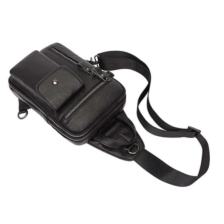 Classic black leather sling bag for men’s essentials.