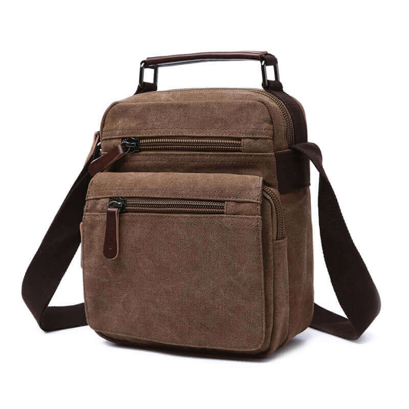 Coffee canvas crossbody bag for daily use, featuring a compact design and multiple compartments.