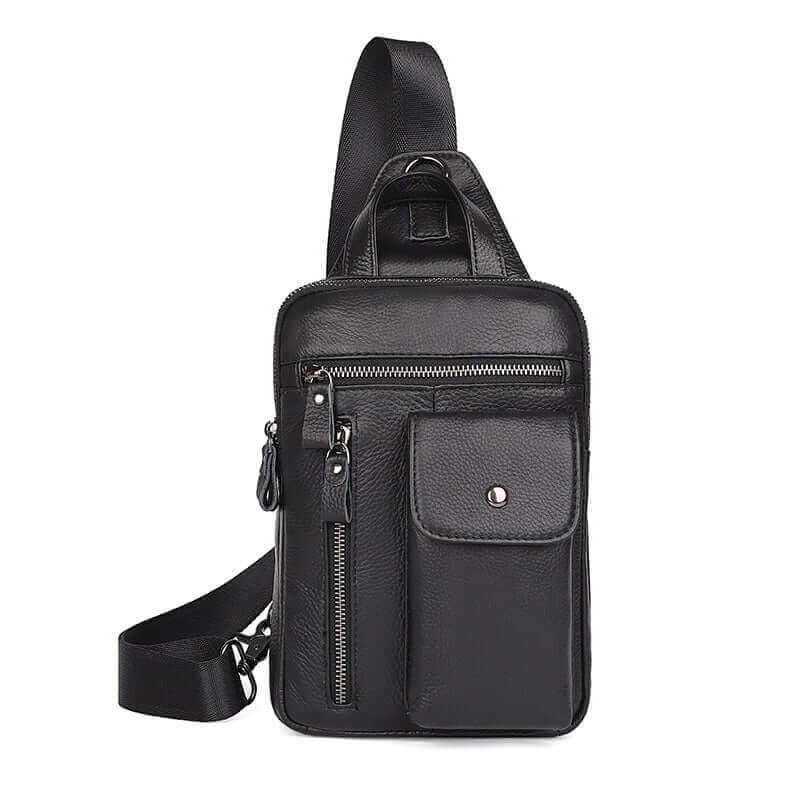 Compact black leather sling bag for daily use.