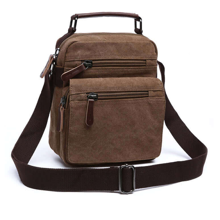 Compact men's canvas crossbody bag, offering style and functionality for various occasions.